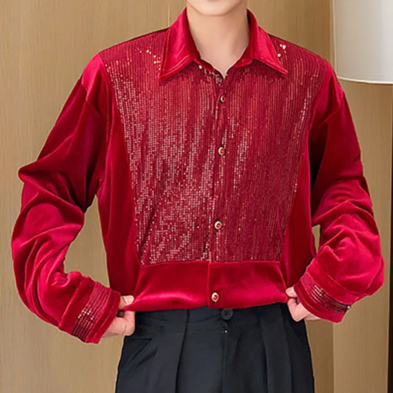 

High Quality Autumn Sequin Velvet Rhinestone Polo Collar Long Sleeve Men's And Women's Shirts Palace Style Stage Costume