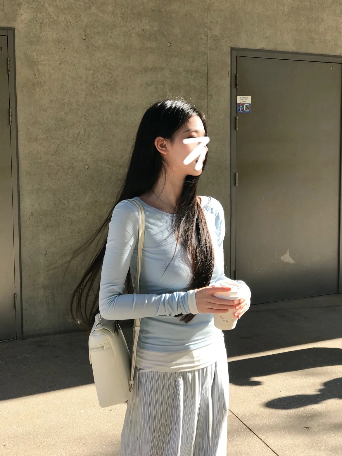 

Slimming Blue White Stripe Fake Two-Piece Top for Women Sexy Trendy Design Casual High Waist Long Sve round Ne T-irt