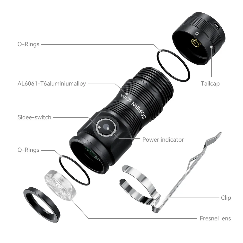 Sofirn SC13A Black 519A LED 1300lm Anduril 2.0 Mini Tactical 18350 Flashlight 5000K Keychain Emergency Torch