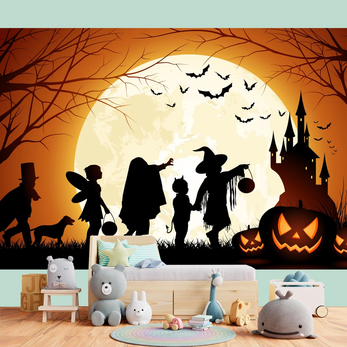 Fondo de feliz Halloween, sombra, fantasma aterrador, Banner, espantapájaros, decoraciones de fiesta familiar, vestido al aire libre, Luna, noche, fotografía