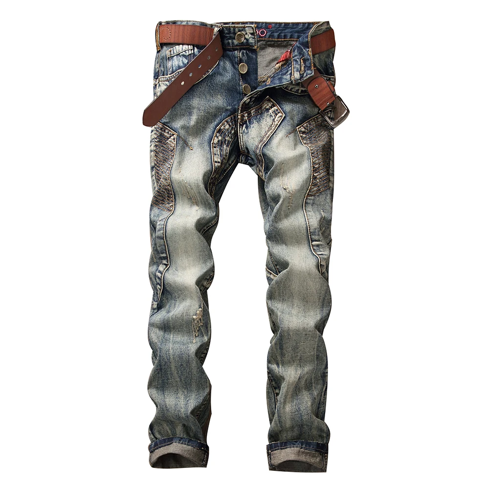 

Men Vintage Blue Denim Jeans Embroidery Patches Spliced Pockets Button Fly Pants Retro Non Stretch Slim Straight Trousers