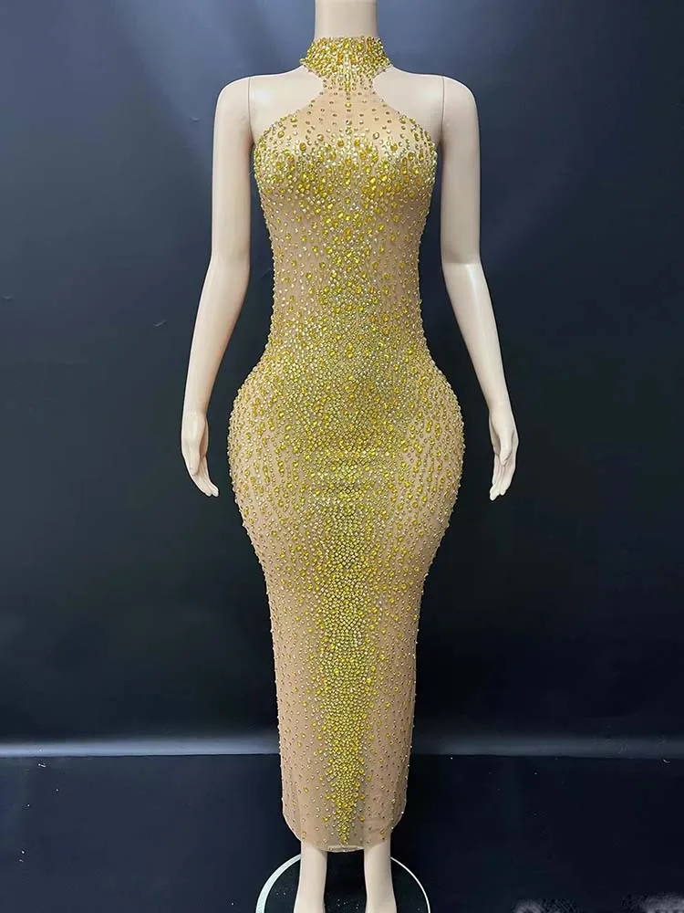 

High Quality Hot Stamping Sexy Neck Hanging Mesh Elastic Dress 2025 New Fashionable Custom Women'S Clothing