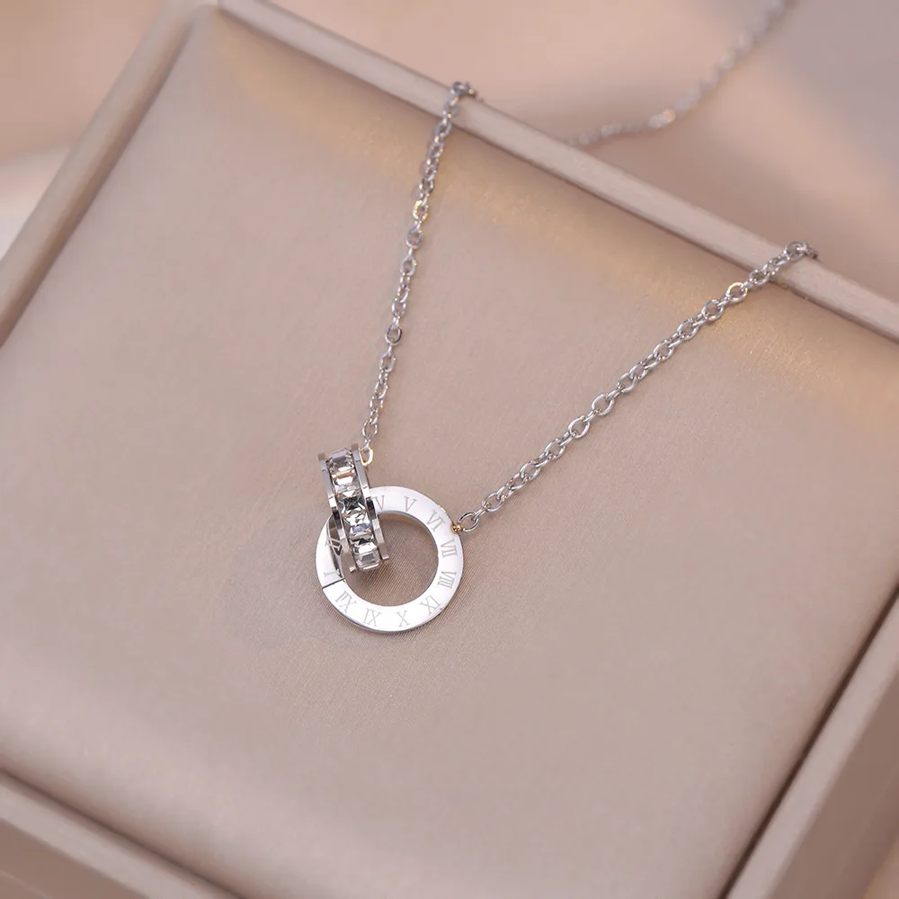 Luxury Elegant Crystal Circle Choker Fashion Roman Digital Stainless Steel Gold Silver Color Pendant Necklaces for Women Jewelry