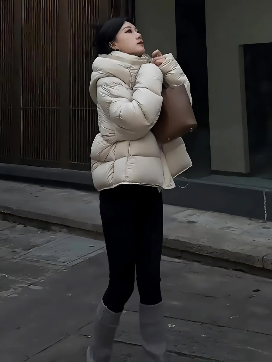 

Women's ort White Du down Jaet Winter 2025 New Thiened Warm Coat Trendy Dstring Hooded Commute Sle Regular Length