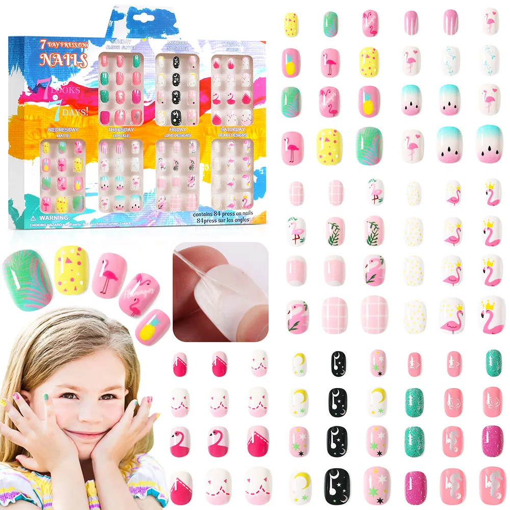 84pcs Kids Press On Nails Flamingos False Fake Nails Full Cover Stick On Nails Children Nail Stickers False Nail Decor