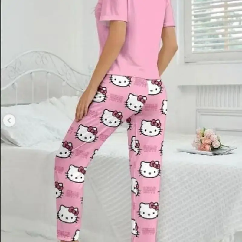 카와이 헬로 키티 만화 얇은 긴팔 잠옷 세트 여성 여름 애니메이션 Sanrio Girly Heart 귀여운 반팔 잠옷 세트