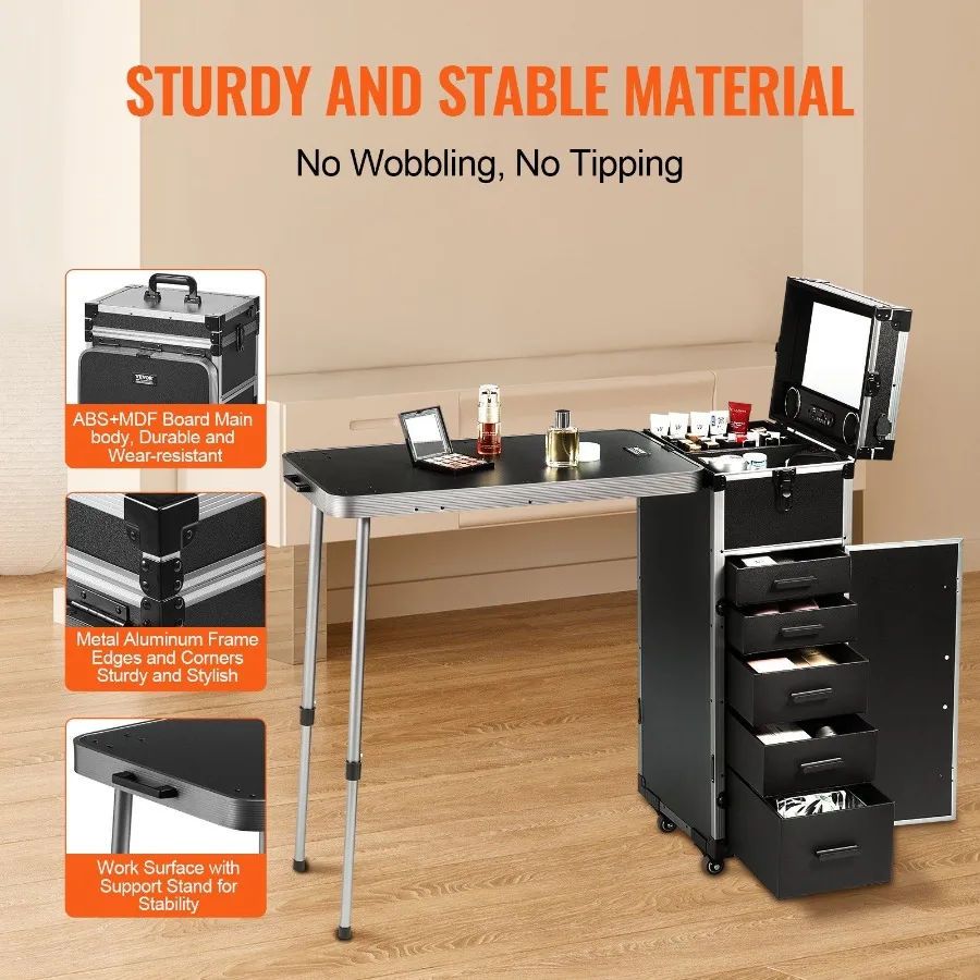 VEVOR Professional Makeup Train Case Aluminum Cosmetic Case Workbench With Supporting Legs Rolling Makeup Case Extra Large Trol