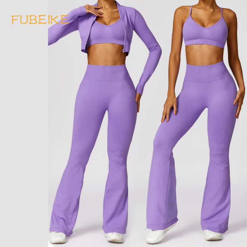 

FUBEIKE Sporty Tights Woman Seamless Beauty Back Yoga Clothes Suit Bra For Women Top Long Sleeve For Fitness Leggings Set