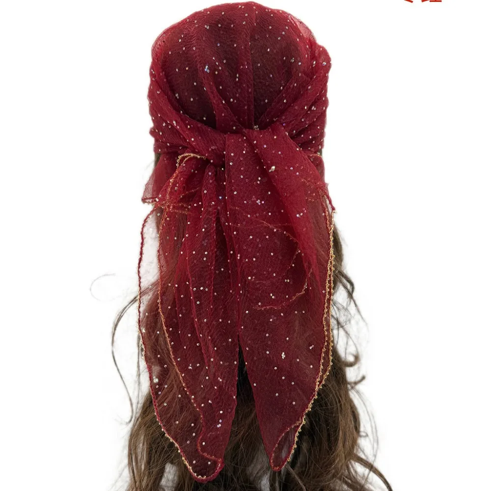 

Sparkle Hotfix Rhinestone Square Scarf Sequin Gold Trim Mesh Bandana Breathable Fabric Hair Wrap Glitter Veil Turban