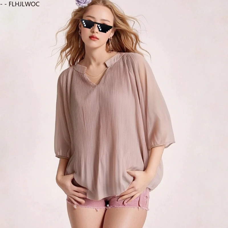 

Loose Clothes Casual Tops Blouses New Fashion Women Autumn European Style V Neck Shirts Solid Pink Black Chiffon Blouse