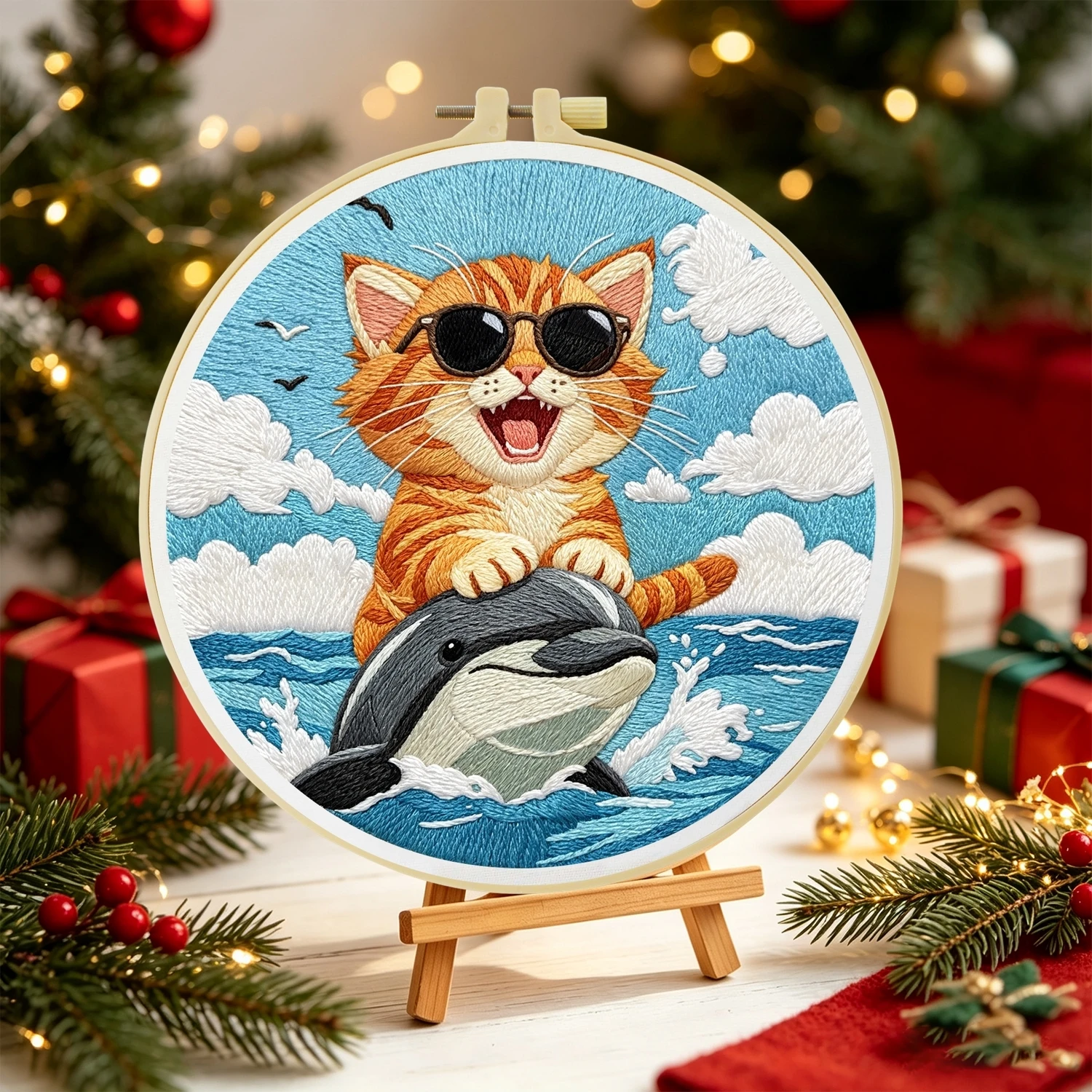 1Set Cat Riding Dolphin Diy Embroidery Kit For Beginner Embroide Starter Kit Cross Stitch Art Gift Needlework Craft