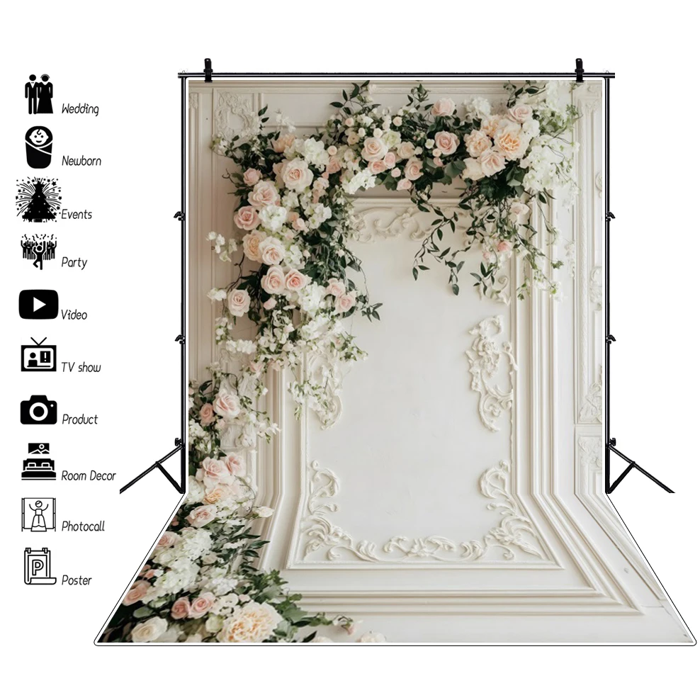 Valentine's Day Photography Backdrop White Rose Flower Chic Wall Bridal Shower Wedding Anniversary Party Background Decoration