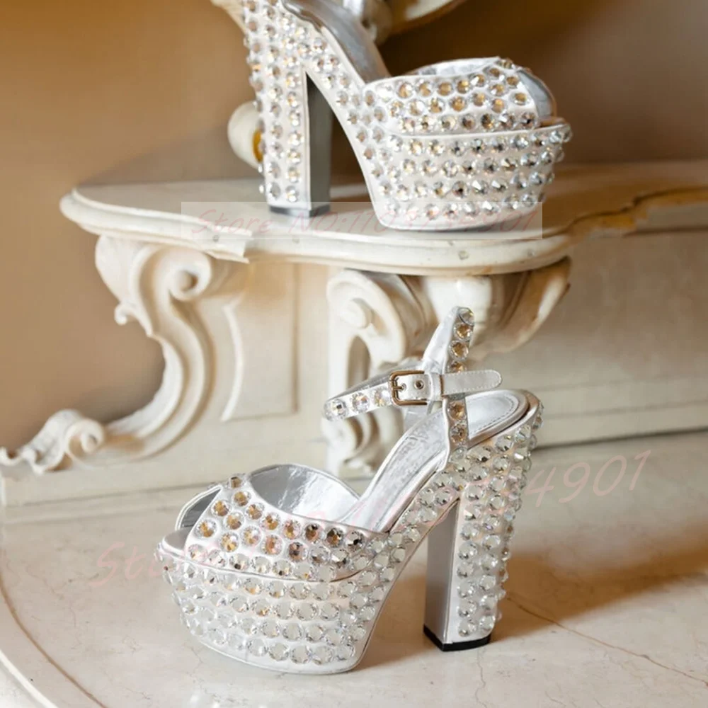 Studded Crystals Peep Toe Classy Sandals Women Trendy Platform Round Toe Block High Heels Shoes Lady Sexy Wedding Party Shoes