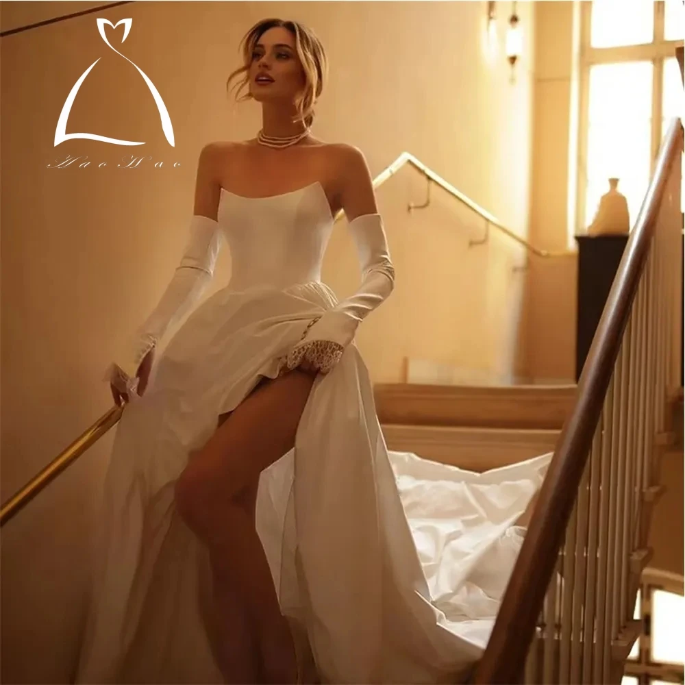 Robe de mariée élégante en satin ligne A, fente latérale, fibres pour femmes, patients, quoi que ce soit, simple, longue traîne, 2024