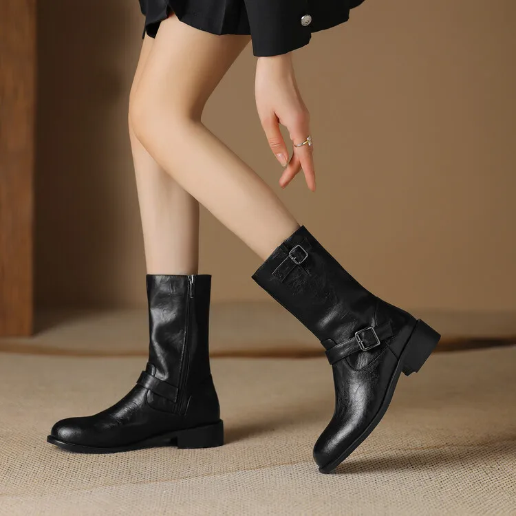 Women Coated Split Cow Leather Mid Calf Boots Buckle Strap Round Toe Block Heel 3.5CM Pigskin Lining Rubber Sole VintageF500