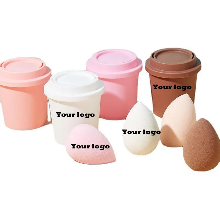 50 stuks aangepast logo blauwe kleuren cosmetische blender aanpassen spons private label latex gratis koffiekopje make-up spons blender