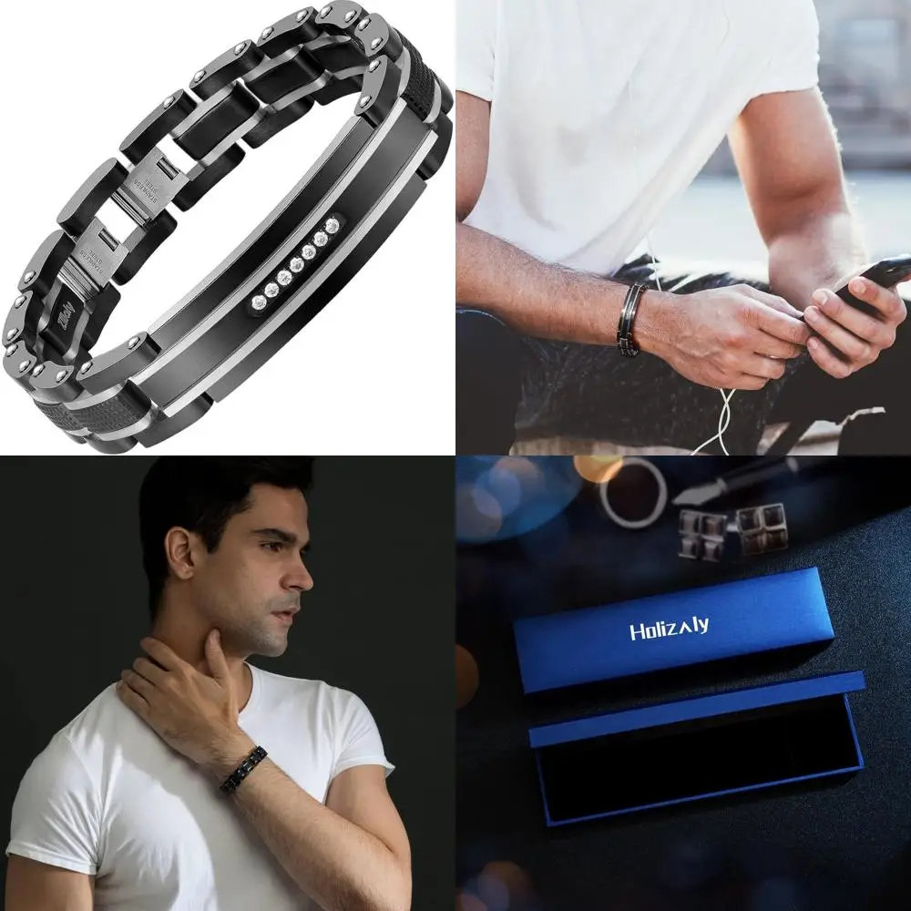 

Мужской браслет из нержавеющей стали с золотыми, черными и синими ионными звеньями, в подарочной коробке в комплекте