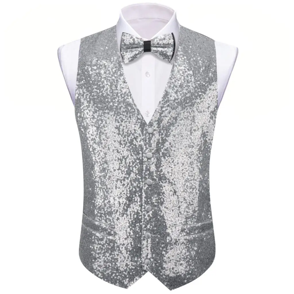 Designer Vest for Men Silk Shine Solid Plain Silver Waistcoat Bowtie Set Wedding Party Formal Sleeveless Jacket Barry Wang