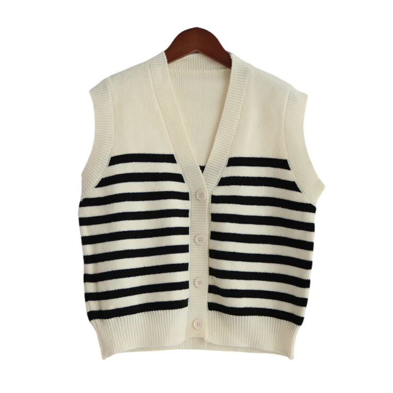 Striped Sweater Vest Women Spring Autumn Korean Fashion Loose Knitwear Single Breasted Sleeveless Knit Cardigan Female Waistcoat