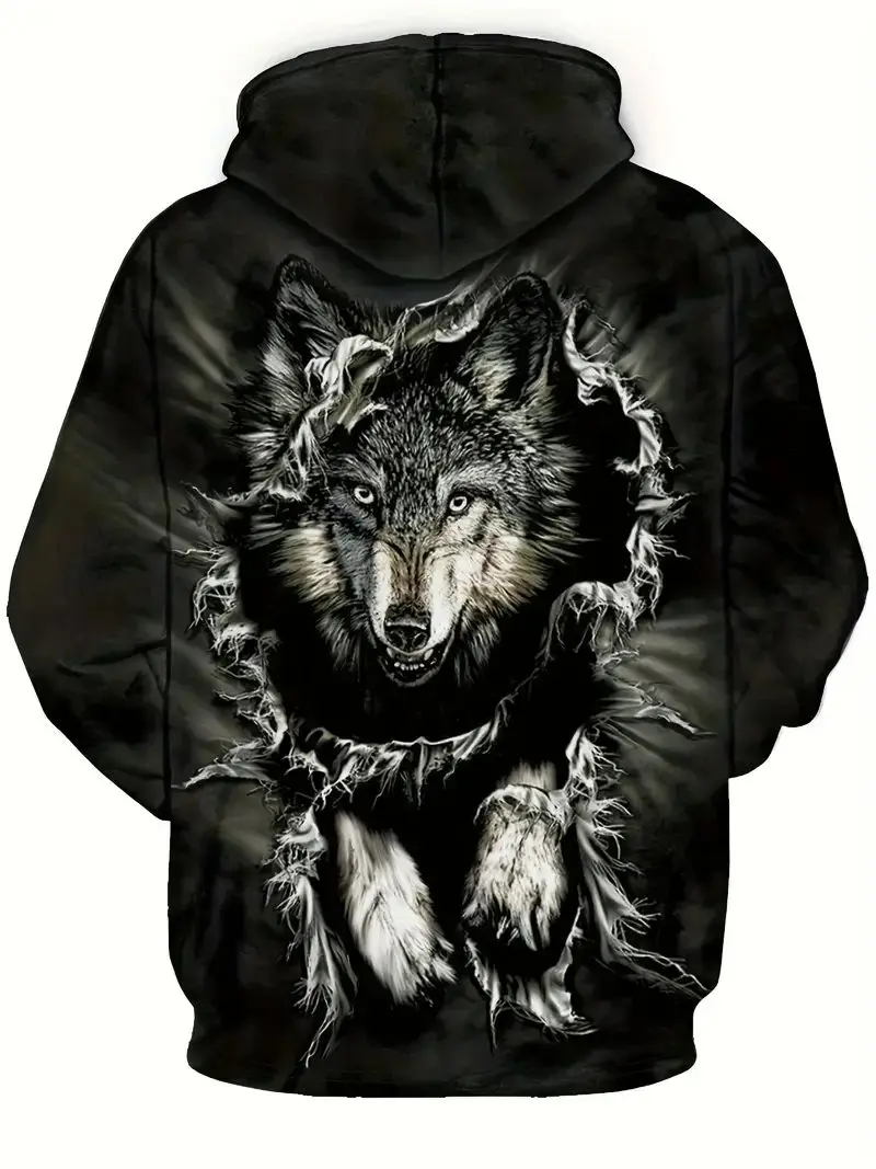 Beast Series Lion / Wolf Print Hoodie,  Men\'s Casual Pullover Hooded Sweatshirt With Kangaroo Pocket Streetwear For Winter Fall,