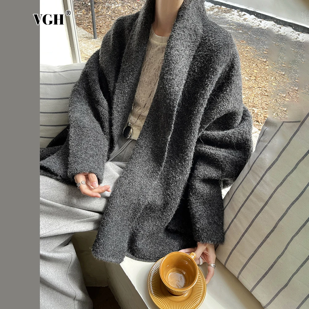 VGH Korean Series Solid Minimalist Loose Knitting Sweater For Women Cardigan Long Sleeve Chic Casual  Sweater Female Fashion New