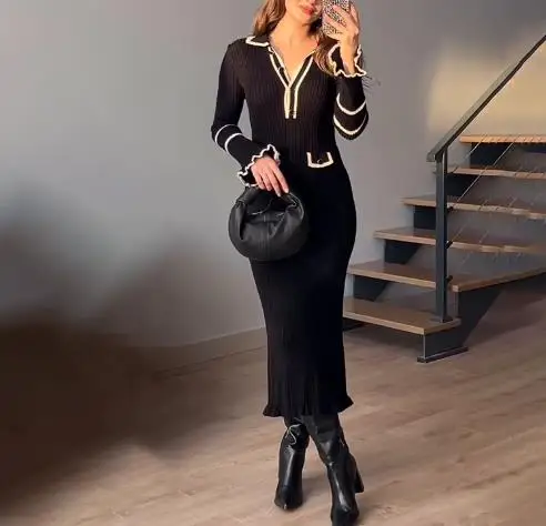 

2025 Spring/autumn New Color Blocked Long Sleeved Button V-Neck Fake Pocket Dress