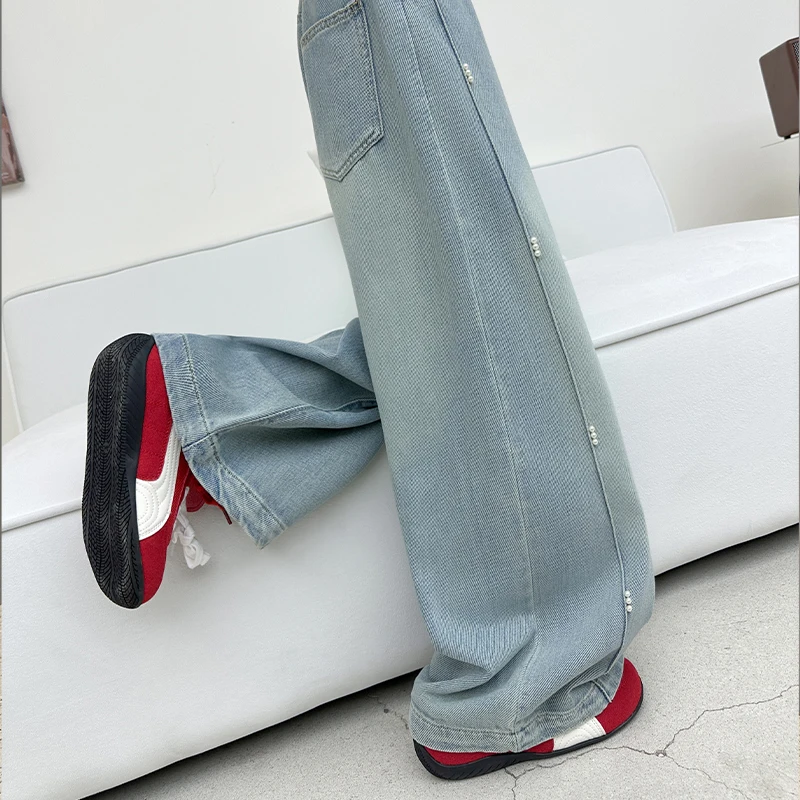 حار بيع الاطفال الخريف واسعة الساق الجينز مع اللؤلؤ لفتاة التوأم أزياء الشارع الأزرق الدنيم السراويل الأطفال جينز غير رسمي السراويل #5