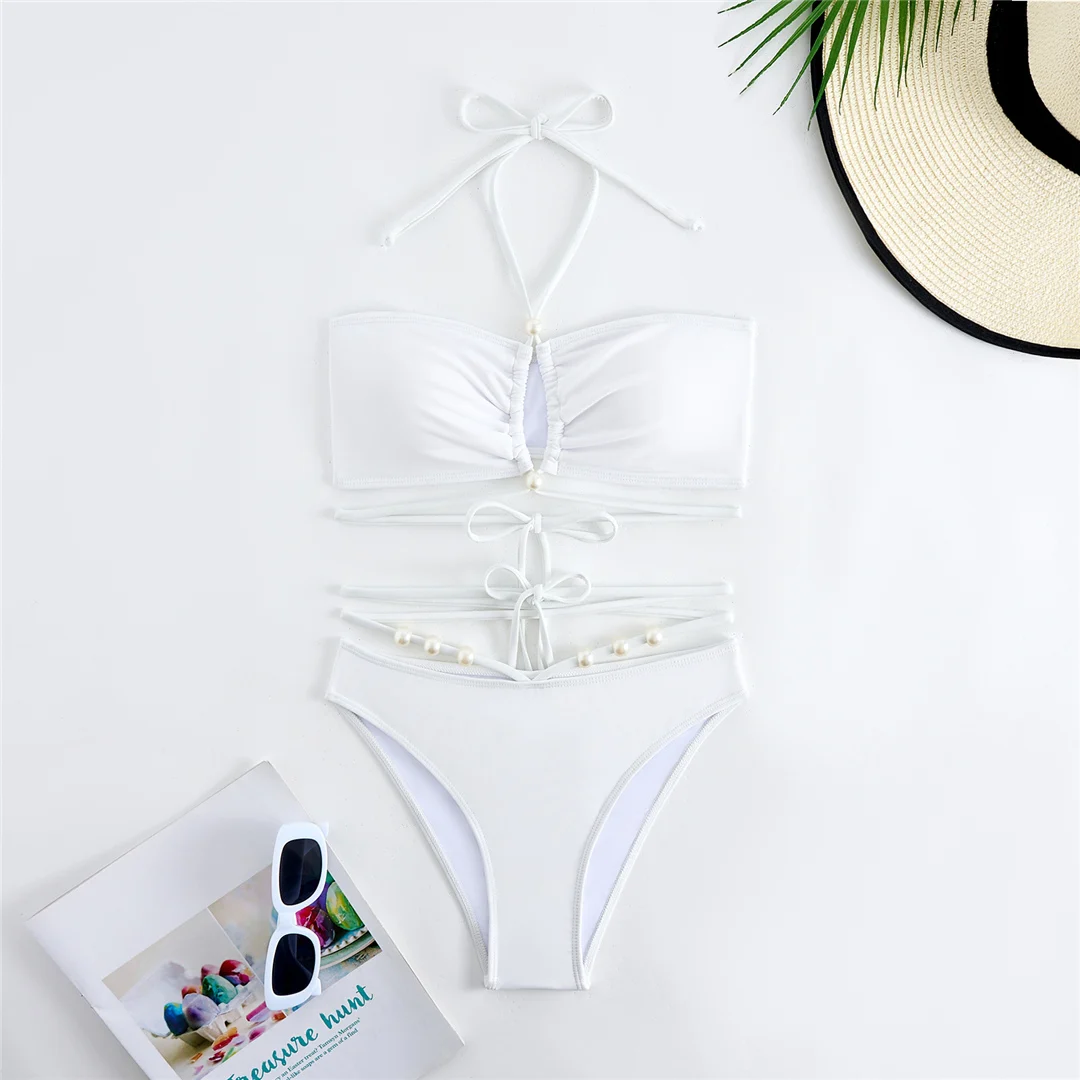 Perlenbesetzter Wickel-Bikini mit Rock, Damen-Badeanzug, dreiteiliges Bikini-Set, Badebekleidung, Badeanzug, Modell V6098 – Detail 5