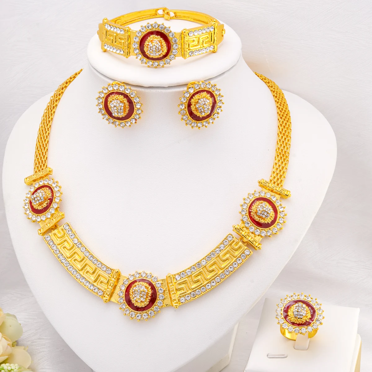 Dubai Gold Color Jewelry Sets for Women Crystal Necklace Bracelet Earrings Ring African Wedding Bridal Jewellery Set