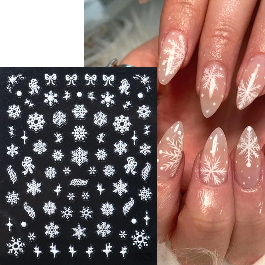 2 uds. De pegatinas para decoración de uñas con purpurina de copo de nieve blanco, calcomanías para uñas nevadas de Navidad e invierno, pegatina 3D, decoraciones artísticas para uñas de Navidad, manicura