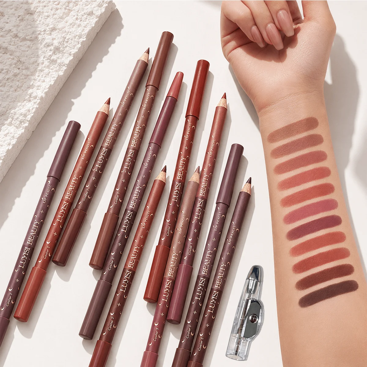 7pcs/Set Lip Makeup Set:6pcs Dual-Ended Matte Waterproof Lip Liners And 1pc Pencil Sharpener,Precisely Outlines The Lips.