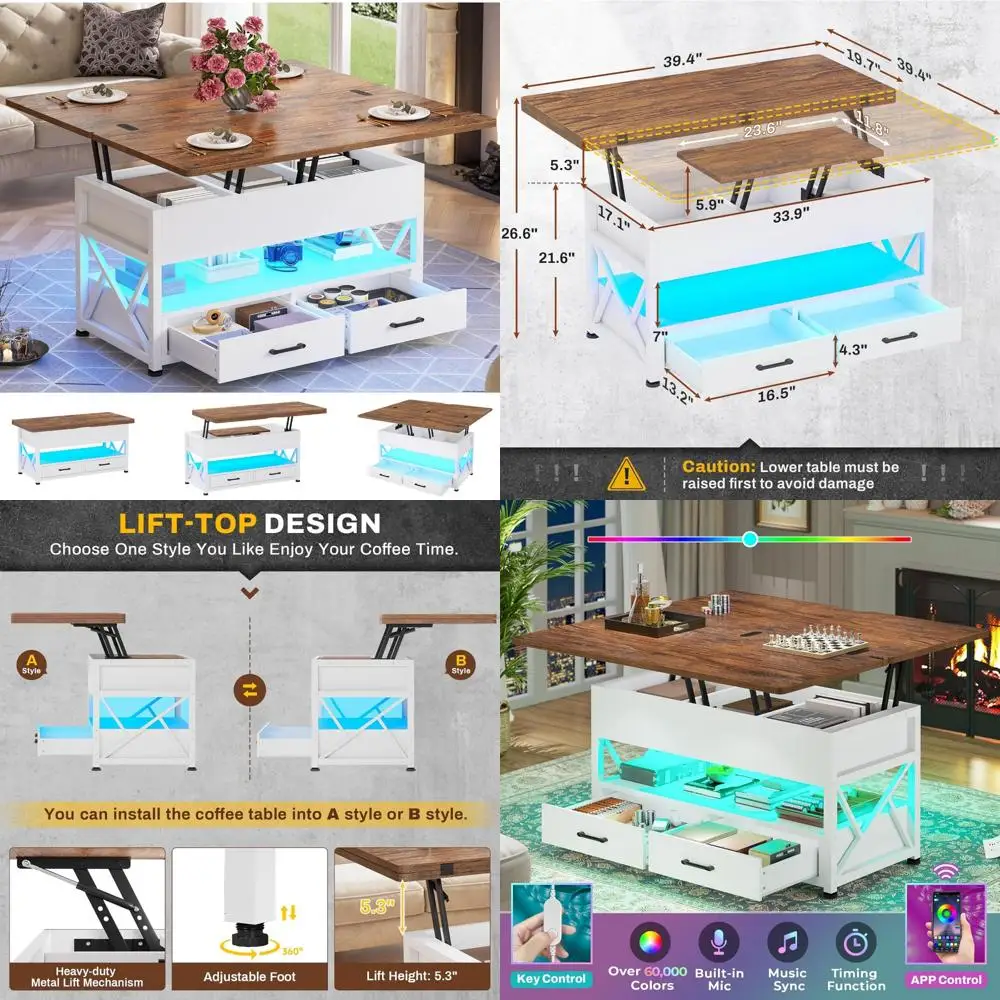 LED-Illuminated 4-in-1 White Coffee Table with Storage, Drawers for Living Room, Small Space-Saving Option