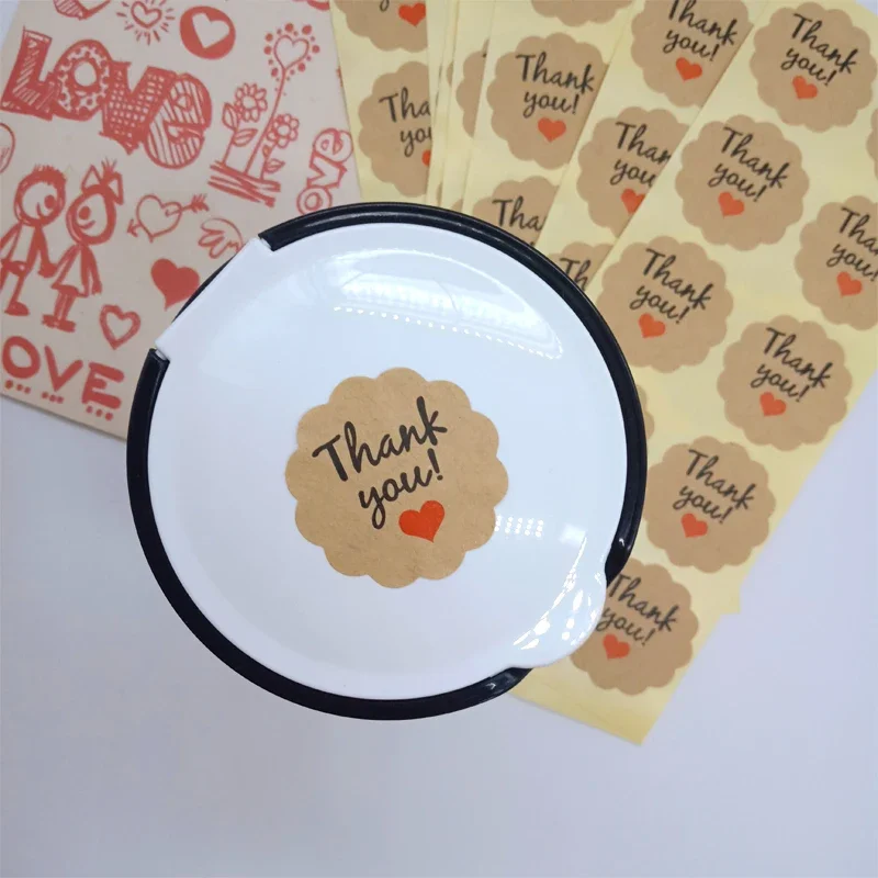 100pcs/pack Thank You Cake Packaging Leather Red Heart Kraft Sticker Baking DIY Gift Stickers