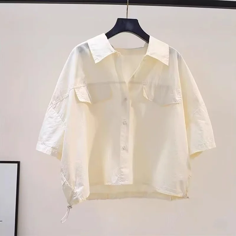 Pink Pure Cotton ort Sve irt Women's Loose Casual Sle Korean Version Dstring Hem Open Cardigan Summer New Arrival