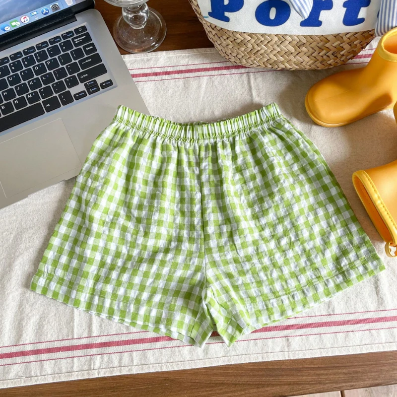 Girl\'s Candy Color Plaid Shorts Summer New Boys And Girls Baby Casual Loose Anti-Mosquito Pants Children Cotton Bottom Shorts
