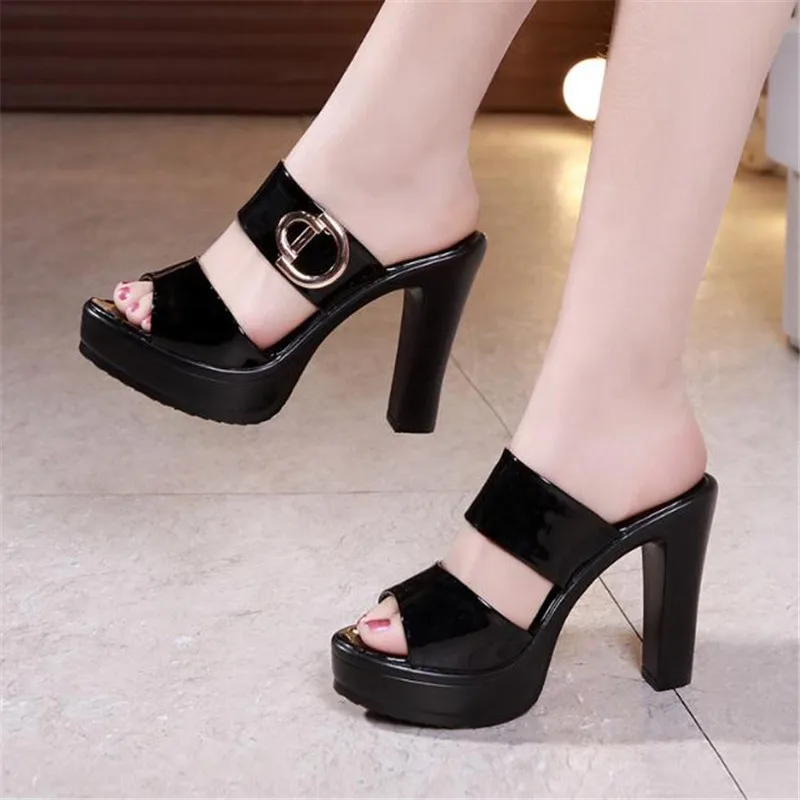 High heels Platform Slippers Summer Shoes  Solid High Heels Slides Women Office OL Fashion Big Size 32-43 Open Slippers