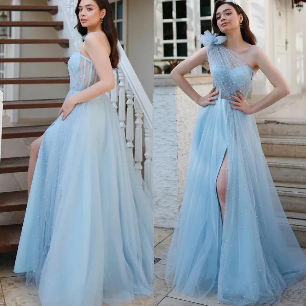 

Exquisite One-shoulder A-line Evening Dresses Tulle Bows Beading Organza Floor Length فساتين سهره فاخره Vestidos es