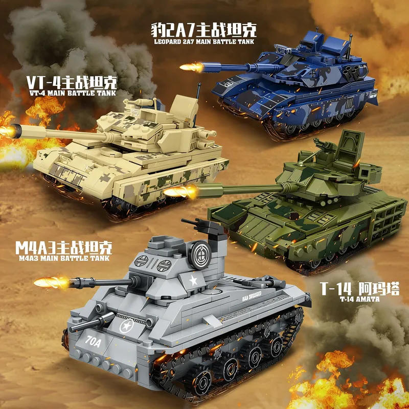 Montar su propio tanque de batalla: bloques de construcción temáticos M4A3 T-14 VT-4 2A7, juguete para regalo de ingeniería para niños