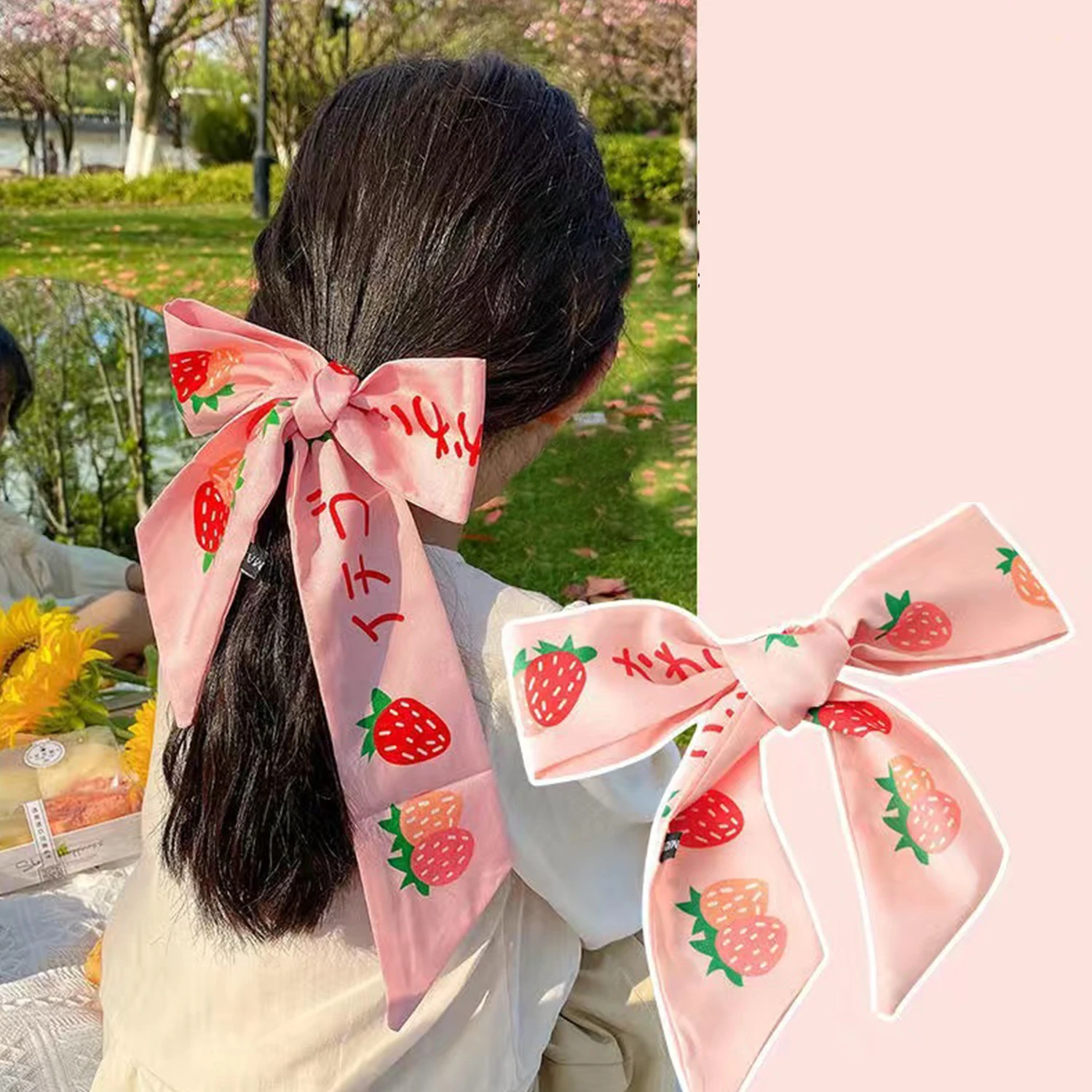 Floral Fruits Print Satin Long Ribbon Ponytail Scarf Hair Tie Scrunchy for Women Cute Bow Elastic Hair Band Headdress Wholesale