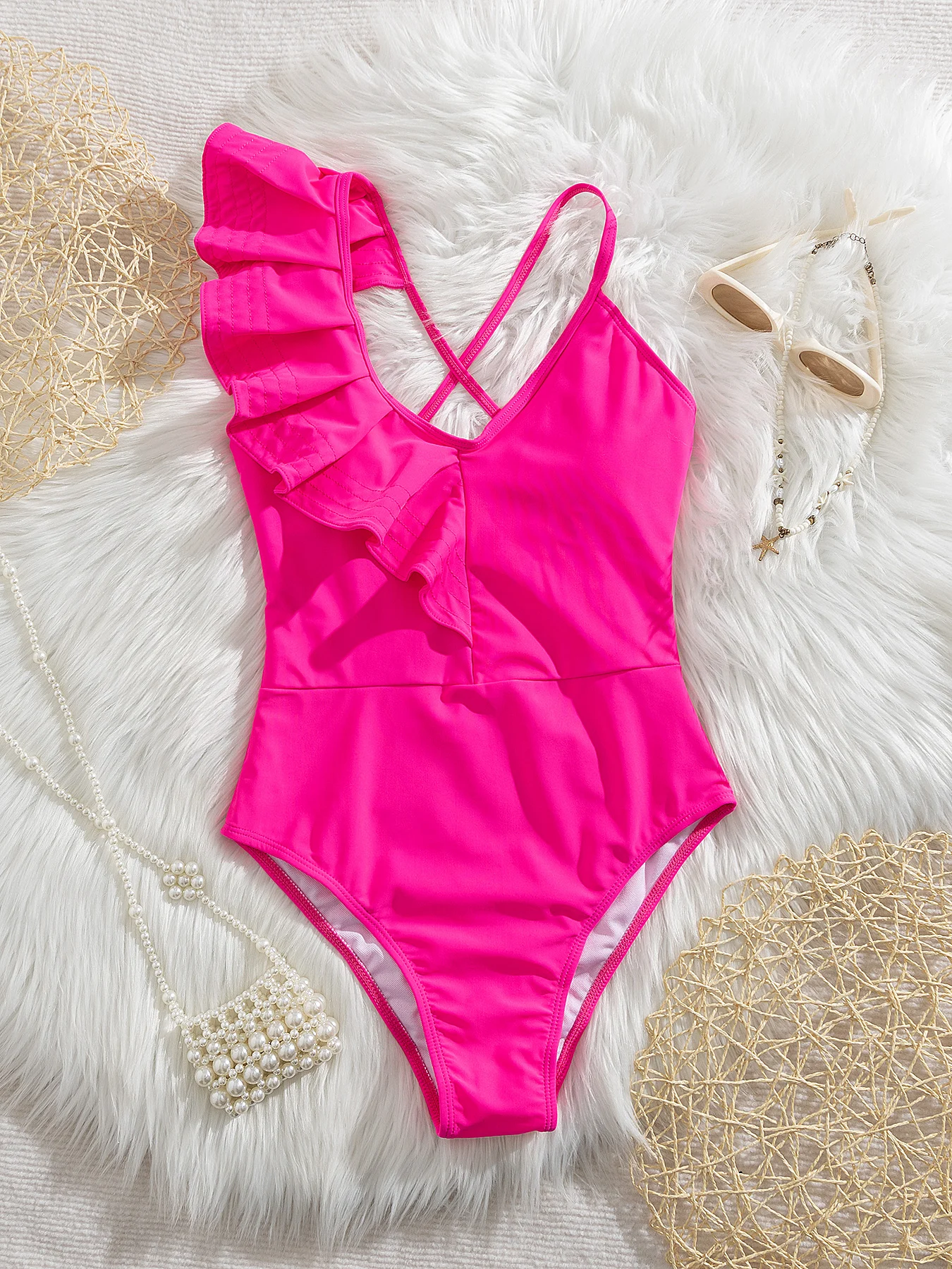 

Fashion Shoulder Ruffle Women Backless One Piece Swimsuit Sexy V Neck Lady Bodysuit Swimwear Female Pink Bathing Suit Beachwear