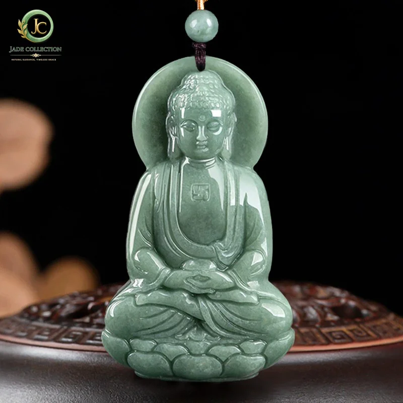NaturalAEmerald green three-dimensional Buddha Amitabha pendant, ice jade Buddha statue, unisex pendant wholesale