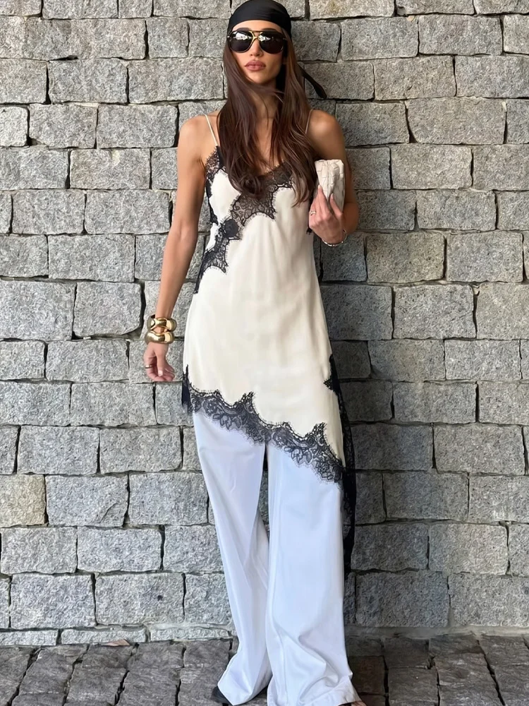 HH 2026 Female Summer Fashion Solid Lace Splicing V Neck Dresses Satin Asymmetry Hem Sexy Backless Slim Mini Dress For Party