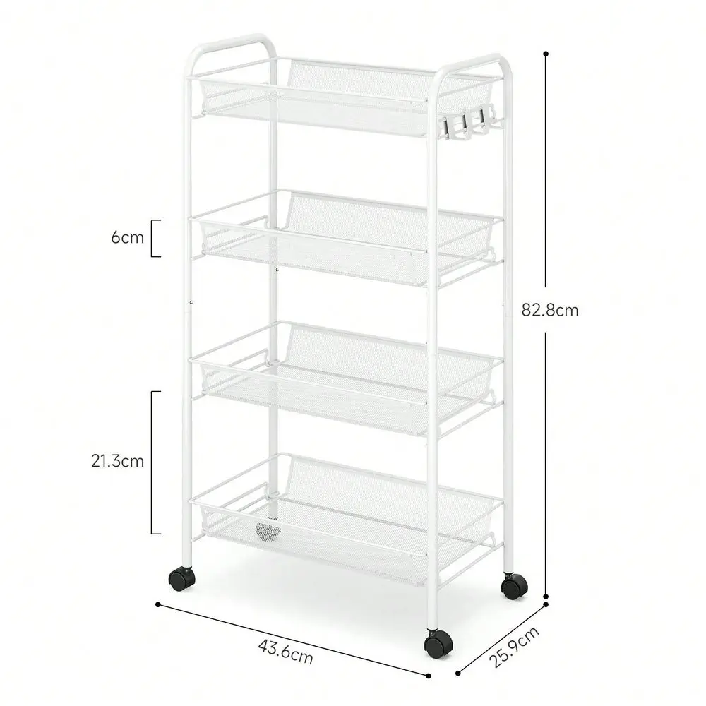 

4Tier Rolling Cart, Metal Utility Cart With 3 Hooks, Easy Assemble Mobile Storage Trolley On Wheels, Metal Shelving Units Kitch