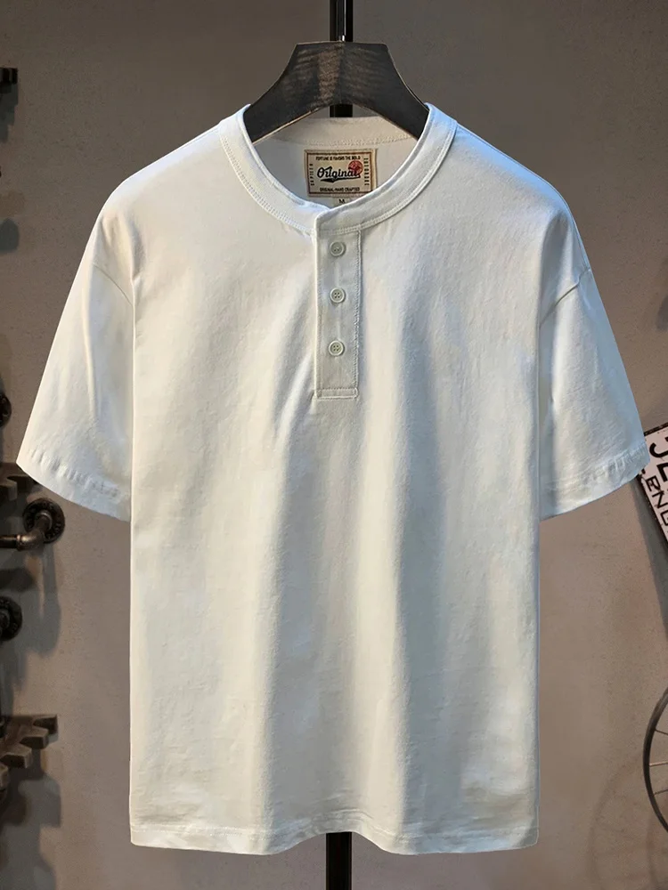 

Высококачественная мужская футболка из чистого хлопка, летняя новинка, свободный крой, модный воротник Хенли на пуговицах, плотная ткань, короткий рукав