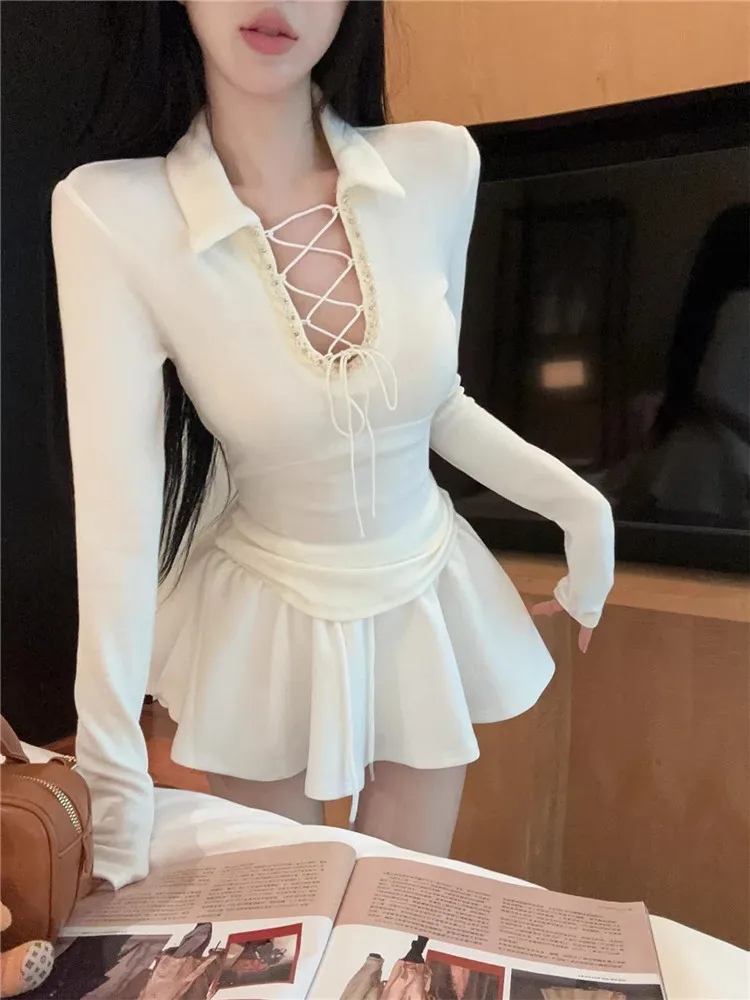 

New 2026 Spring White Grey Fashion 2 Piece Sets U Neck Hollow Lace Up T Shirt Top&A Line Mini Skirt Chic Y2K Girl Sexy 2pc Suits