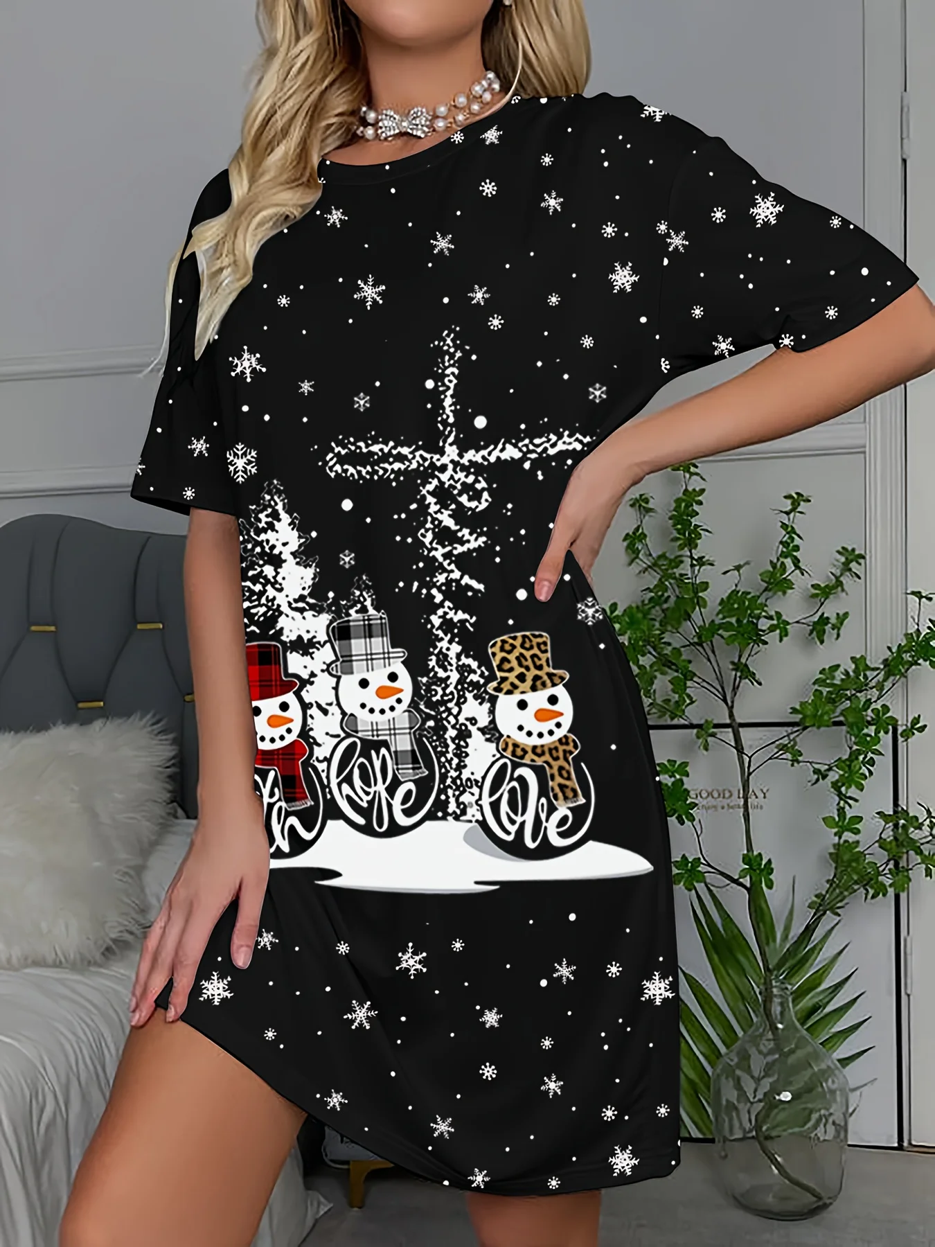    Lustiges Weihnachts-Schneemann-Nachthemd mit Weihnachtsmann-Aufdruck für Damen, Weihnachtskostüm, kurzärmelige Damenkleider, lässige Partykleidung