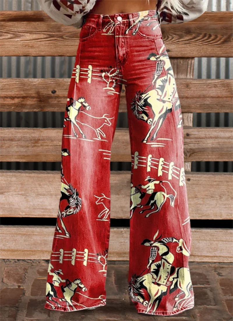 

2024 new women's winter clothing, women's pants, retro 3D printed pictures, flared pants, wide leg pants, elegant women's clothi