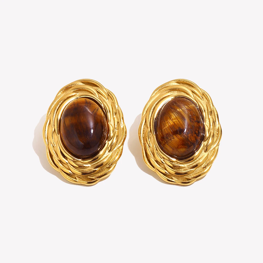 E.B.belle Retro Oval Tiger's Eye Stud Earrings 18K Gold Plated Stainless Steel Earrings Luxury Jewelry For Women Earring Gift