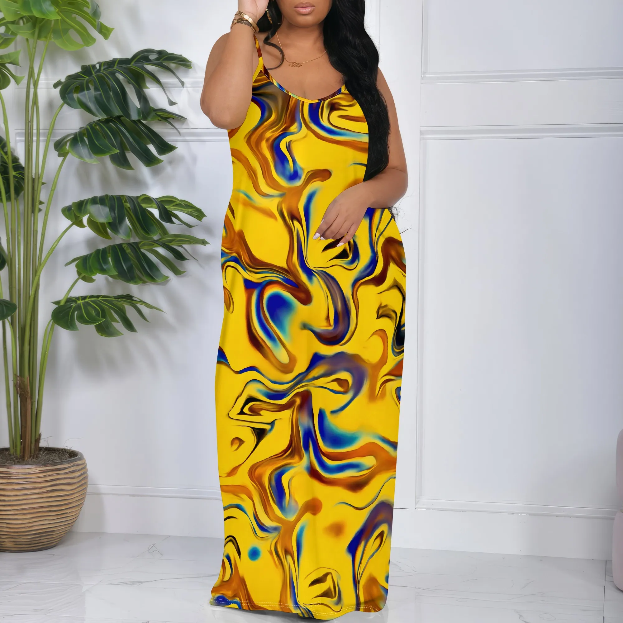 

Yellow Marble Print Maxi Dress S-3XL Spaghetti Strap Loose Fit Style for Summer Beach, Casual Outing or Vacation Look