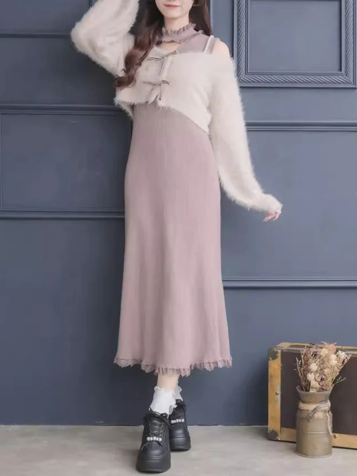 

Autumn Winter New Arrival Japanese Sle Knitted Dr oulder Bared Svel Ruffle Collar Two Piece Set for Women